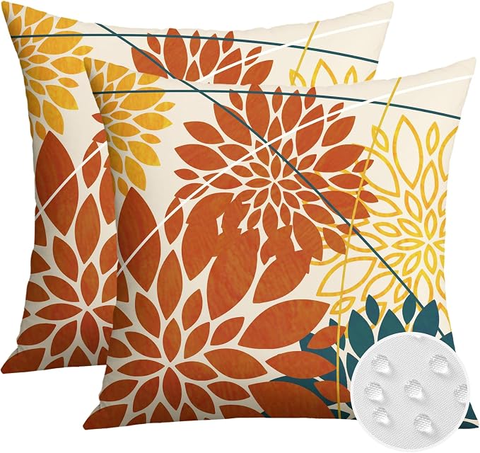 OTOSTAR Outdoor Orange Yellow Pillow Covers 18x18 Inch Set of 2 Blue Flower Throw Pillows Farmhouse Geometric Dahlia Floral Square Cushion Case Waterproof Decor for Sofa Patio Funiture Garden