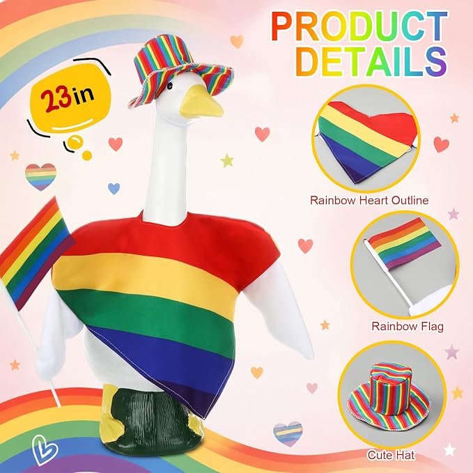 Rainbow Pride Porch Goose Outfit for LGBTQ Pride Month Goose Dress Clothes with Stripes Top Hat and Flag Costume for 23" Gooses Statue Decoration Patio Yard Garden Lawn Outdoor Decors