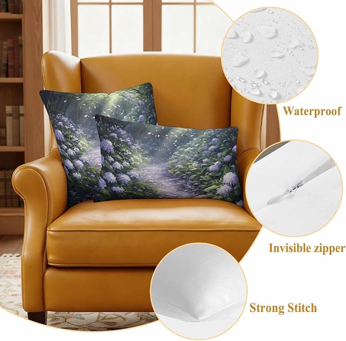 Purple Floral Outdoor Waterproof Throw Pillow Covers Set of 2, 26"x26", Spring Landscape Scenery Nature Decorative Pillow Covers Outside Cushion Case for Patio Porch Garden