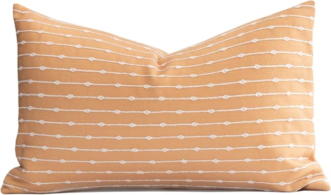 Modern Farmhouse Fall Linen Indoor Outdoor Lumbar Pillow Cover Only, 12"x20" Water Repellent for Patio, Backyard, Couch, Mustard Yellow Neutral Embroidered Stripes