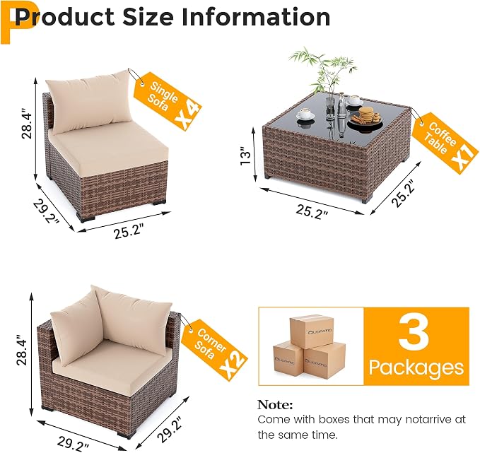 UDPATIO Furniture Set, 7 Piece Sectional Sofas with Wicker Coffee Table, Conversation for Garden, Backyard, Khaki