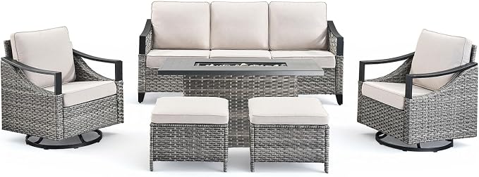 Outdoor Patio Furniture Set with 42.5" Fire Pit Table-6 Pieces All Weather Wicker Outdoor Furniture with High Back Swivel Patio Chairs Set of 2 Outdoor Patio Conversation for Deck Garden Beige/Gray