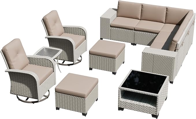 11-Piece Outdoor Patio Furniture Set, Modular Sectional Sofa Set with Swivel Rocker Chairs & Ottomans, Wicker Outdoor Couch Conversation Sets w/Coffee Table and Cushions, Khaki