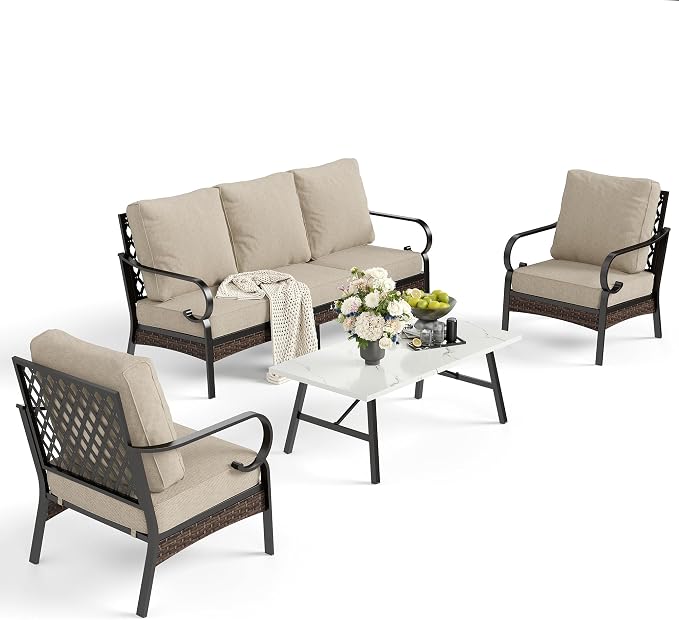SUNSHINE VALLEY 4 Piece Metal Outdoor Patio Furniture Set, Patio Conversation Sets 1 3-Seater Sofa, 2 Chairs with 5.75" Extra Thick Cushion and Coffee Table, Black Frame Backyard Furniture, Beige
