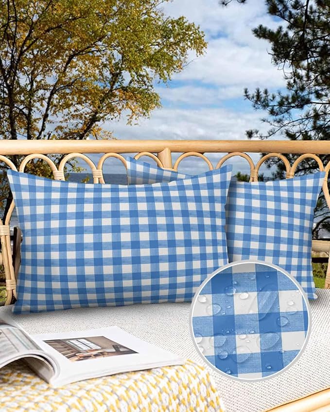 Outdoor Waterproof Throw Pillows Light Blue Gingham Check Patio Pillows Pack of 2,Decorative Pillow Covers with Insert,Pillow Cushion Case for Garden Couch Sofa Country Classic Plaid