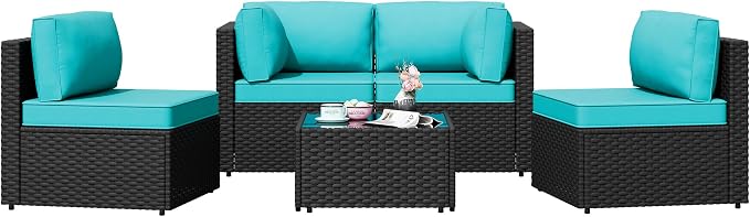 Patio Furniture Sets, 5 Piece Outdoor Sectional Sofas, Wicker Rattan Outdoor Furniture Patio Conversation Set, All-Weather PE Rattan Outdoor Couch for Backyard, Garden, Black & Blue
