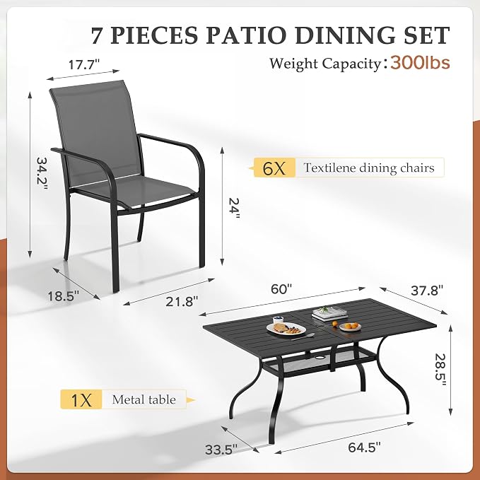 SUNCROWN 7 Pieces Outdoor Dining Set, Patio Furniture Set with 6 x Textilene Dinning Chairs and 1 Steel Slat Metal Bistro Table for Garden Lawn Backyard Deck (Grey)