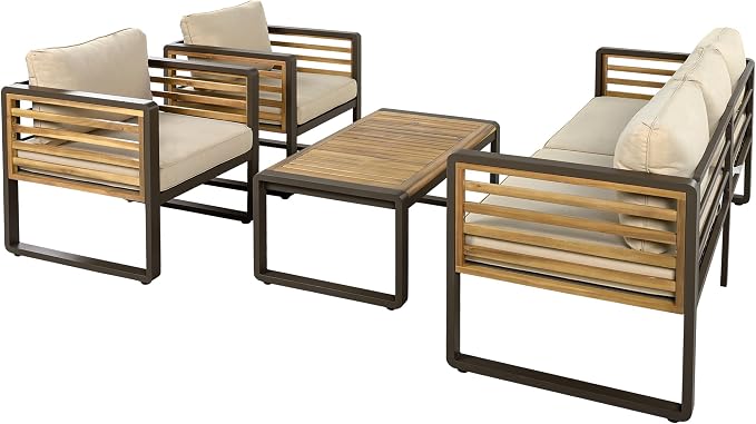 Merax 4-Piece Large Size Outdoor Conversation Sofa Set, Metal and Acacia Wood Frame Sofa with Removable Cushions, Waterproof & UV-Resistant, 5-Person Patio Furniture for Garden Backyard, Brown