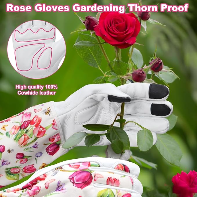 DLY Garden Gloves for Women,Gardening Gloves,Garden Gift for Lady,White,L | Thornproof Cowhide Palm, Foam-Padded Grip, Long Tulip Print Cuff, 3-Finger Touchscreen, Rose Pruning, Gardening & Yard Work