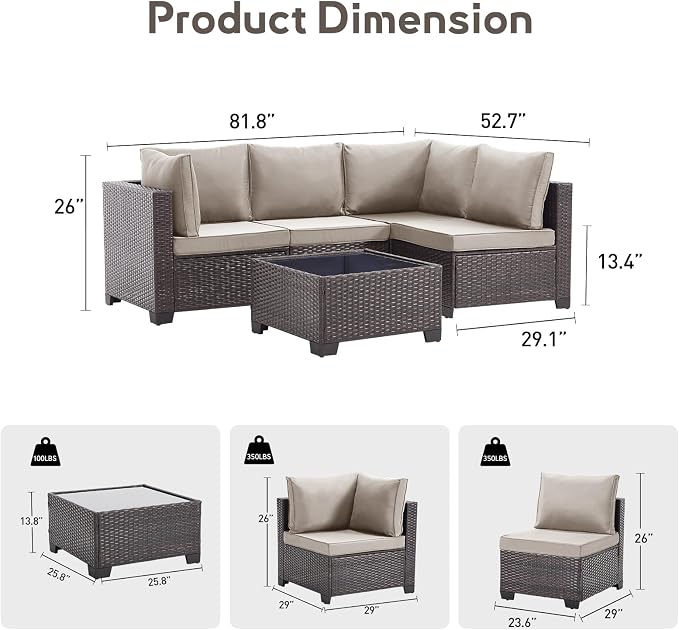 Bonzy Home 5 Pieces Outdoor Patio Furniture Set, PE Rattan Outdoor Sectional Furniture Sofa Set with Removable Cover and Glass Coffee Table, Patio Sofa for Balcony, Porch, Garden, (Brown-Grey)