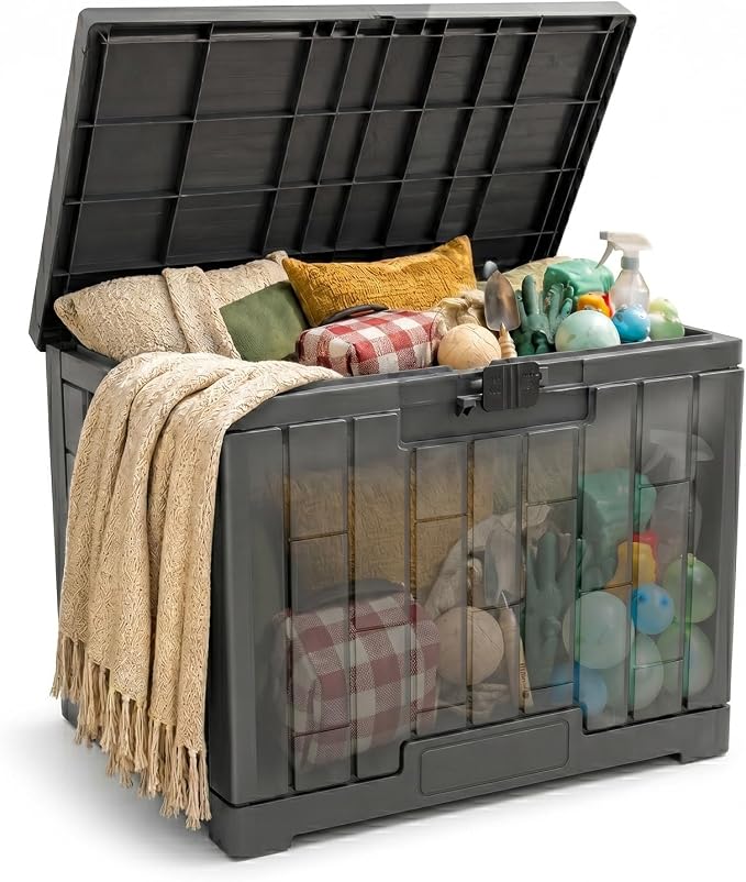 Outdoor Storage Box, Waterproof Deck Box with Buckle Lock, Patio Storage Box for Cushions and Outdoor Toy Storage, 30/60/80/100/120 Gallon PP Bench or Side Table for Patio Garden Backyard(30 Gallon)