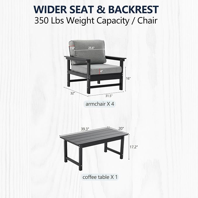 5-Piece Outdoor Patio Furniture Set, HDPE Conversation Set with 4 Ergonomic Armchairs & Large Coffee Table, Waterproof & UV-Resistant Outdoor Chairs with Cushions for Garden, Deck