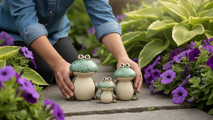Frog Garden Decor Set of 3,Funny Cute Ceramic Frog Garden Statues Yard Decoration Outdoor Holiday Decorations,Ideal Ornament for Outside Pond Pool Patio Front Porch Backyard (Green)