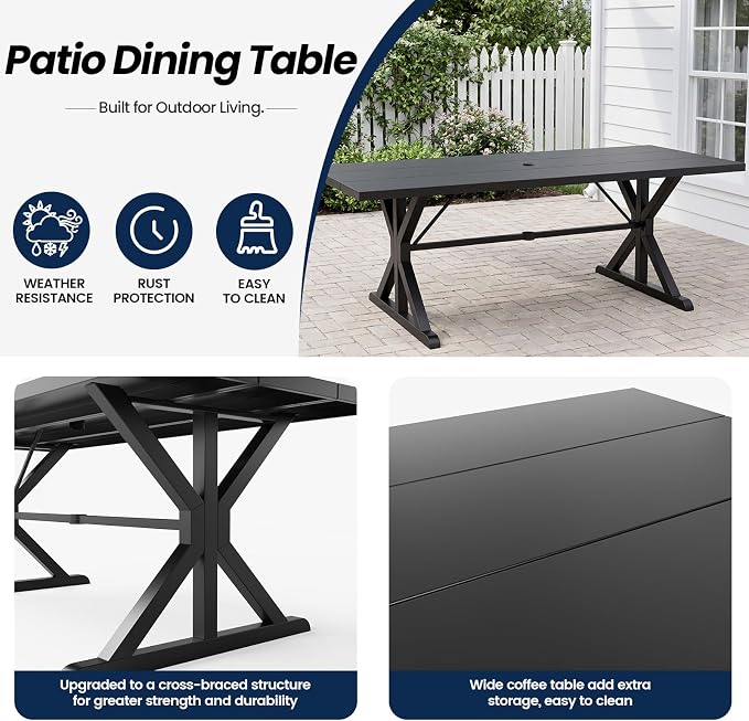 7 Piece Outdoor Dining Set for 6, Metal Patio Table and Chairs with Cushions, Patio Furniture Set with 6 Swivel Chairs, Rectangular Metal Dining Table with Umbrella Hole, Lawn Deck Yard-Sand