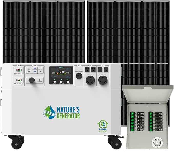 Nature’s Generator Powerhouse Gold PE System:4800Wh Powerhouse+Two 410W Power Panels+12 Circuits 30A Tansfer Switch,Home Power Requirements
