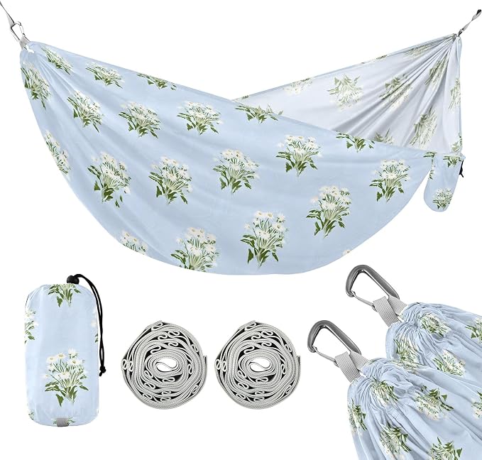 Camping Hammock Outdoor Hammocks for Outside Little Daisy Flowers Blue Beach Trees Portable Lightweight with Pockets Tree Straps Indoor Small
