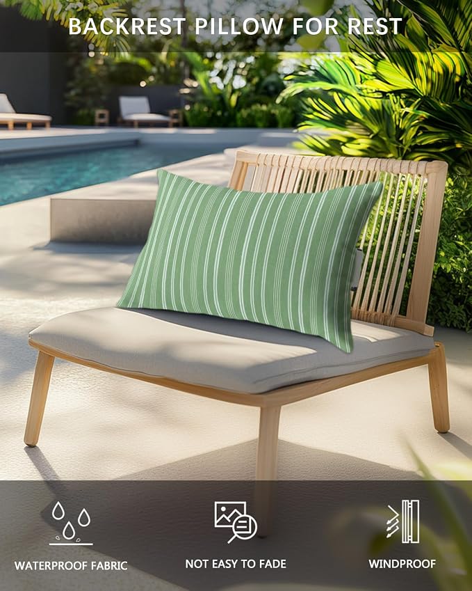 Pack of 2 Outdoor Lumbar Pillow Covers 11x16 Inch, Green Striped Waterproof Throw Pillow Covers Set, Farmhouse Stripes Modern Vintage Indoor&Outdoor Decorative Cushion Cases for Patio Porch Car