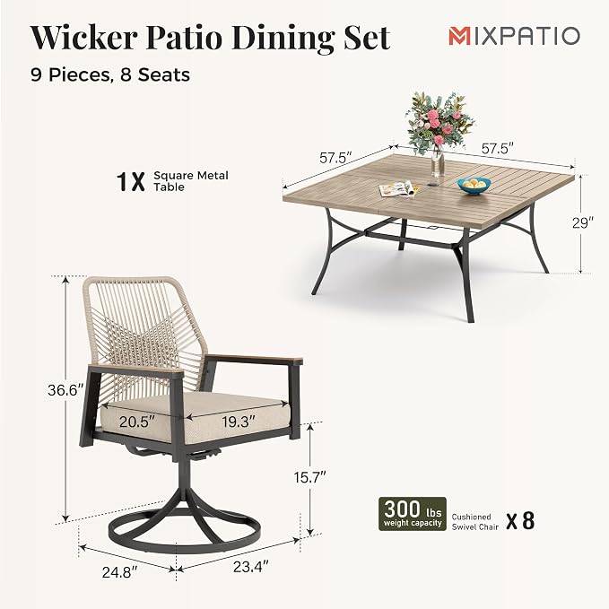 MIXPATIO 9 Pcs Outdoor Dining Set, 8 Rattan Swivel Chairs with Soft Cushion and 57.5" Square Table with Umbrella Hole, Patio Table and Chairs for Backyard Porch