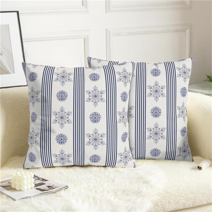 Winter Pillow Covers Blue and White Porcelain Blue Snowflakes Striped Throw Pillow Covers Navy Blue Floral Pillowcase 22x22 Set of 2 Neutral Cushion Case for Couch Sofa
