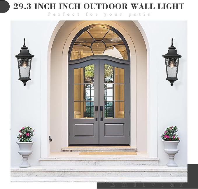 Emliviar 29.3" Exterior Waterproof Wall Sconce Light Fixture, Porch Wall Mounted Lighting with Water Ripple Glass Shade, Black Finish, XE292BL-SW BK