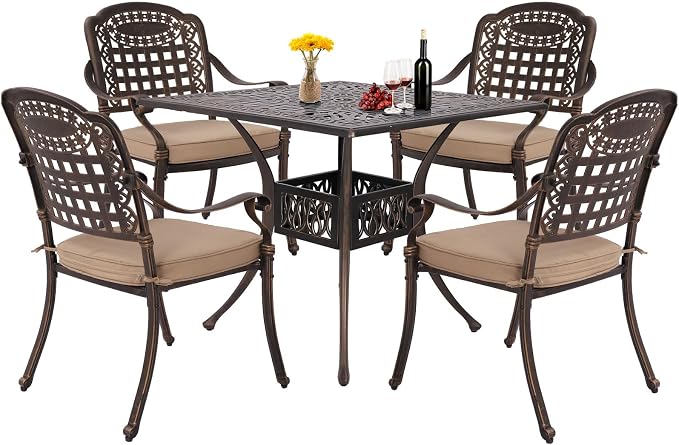 Grepatio 5 Piece Cast Aluminum Patio Dining Set Outdoor Furniture Set Patio Garden Set with 4 Mesh Ding Chairs, 4 Khaki Cushions and 35.4" Square Patio Table 2.4" Umbrella Hole, Antique Bronze