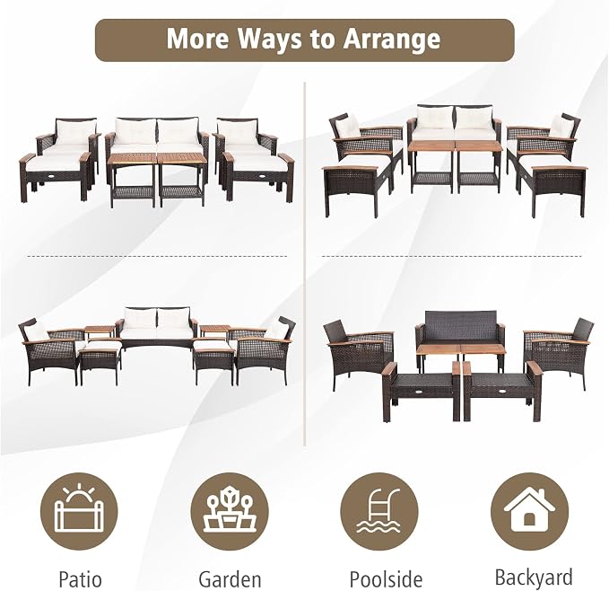 Tangkula 7 Piece Wicker Patio Furniture Set, Patiojoy Acacia Wood Patio Conversation Set with 2 Ottomans and 2 Storage Side Tables with Lower Shelf, Outdoor Cushioned Sectional Sofa Set (Off White)