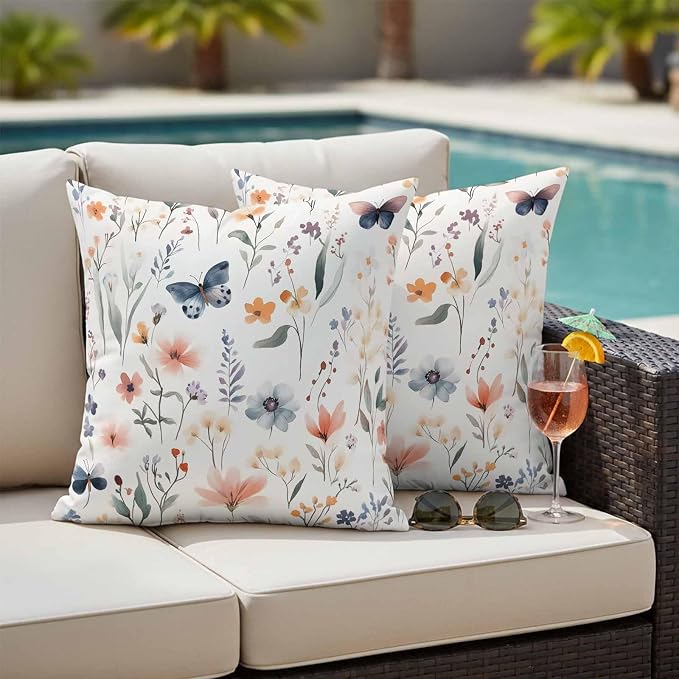 Spring Flower Butterfly Outdoor Waterproof Throw Pillow Covers Set of 2, 24"x24", Retro Watercolor Floral Leaf Decorative Pillow Covers Outside Cushion Case for Patio Porch Garden