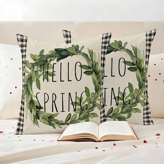 Hello Spring Outdoor Pillow Covers Pack of 2 Green Leaf Plant Black Plaid Vintage Linen Texture Waterproof Throw Pillow Covers Decorative Cushion Cases for Patio Garden Tent Balcony Couch 20x20 inch