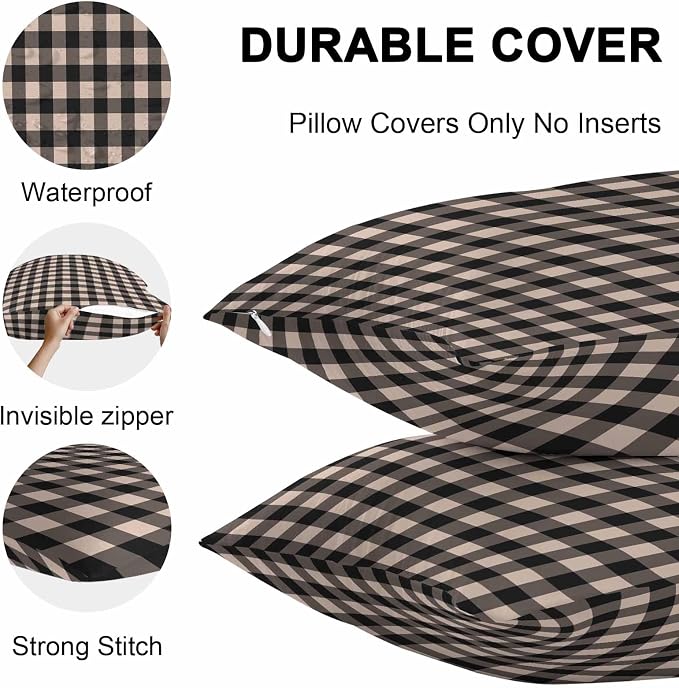 Outdoor Waterproof Throw Pillow Covers Set of 2 Beige Buffalo Plaid Pillowcases 24x24 Inches Pastoral Black Checked Decorative Pillows Cushion Case Patio Pillows for Couch Bed Chair Garden