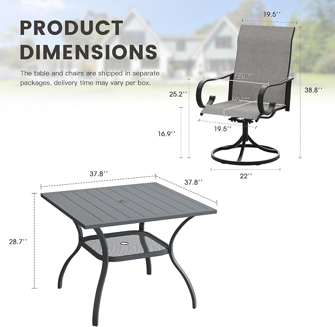 5 Pieces Patio Dining Set, 4 Outdoor Swivel Dining Chairs with 37.8" Square Metal Outdoor Dining Table with Umbrella Hole for Garden Backyard Deck, Grey & Dark Grey