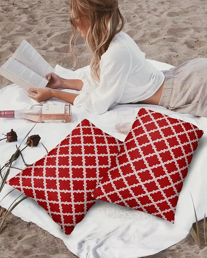 Outdoor Waterproof Pillow Covers for Patio Furniture Moroccan Pattern Decorative Throw Pillow Cover Geometric Trellis Red Pillowcases Set of 2 Cushion Case for Sofa Couch Chair Home Decor 20x12 inch