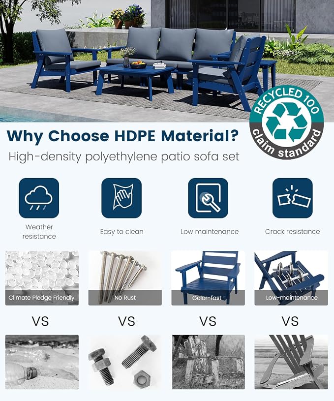 FOOWIN 4-Piece Patio Furniture Set, HDPE All-Weather Outdoor Conversation Set with Thick Cushions, Sectional Patio Sofa Furniture for Deck, Porch, Lawn, Garden, Navy Blue Frame & Grey Cushion