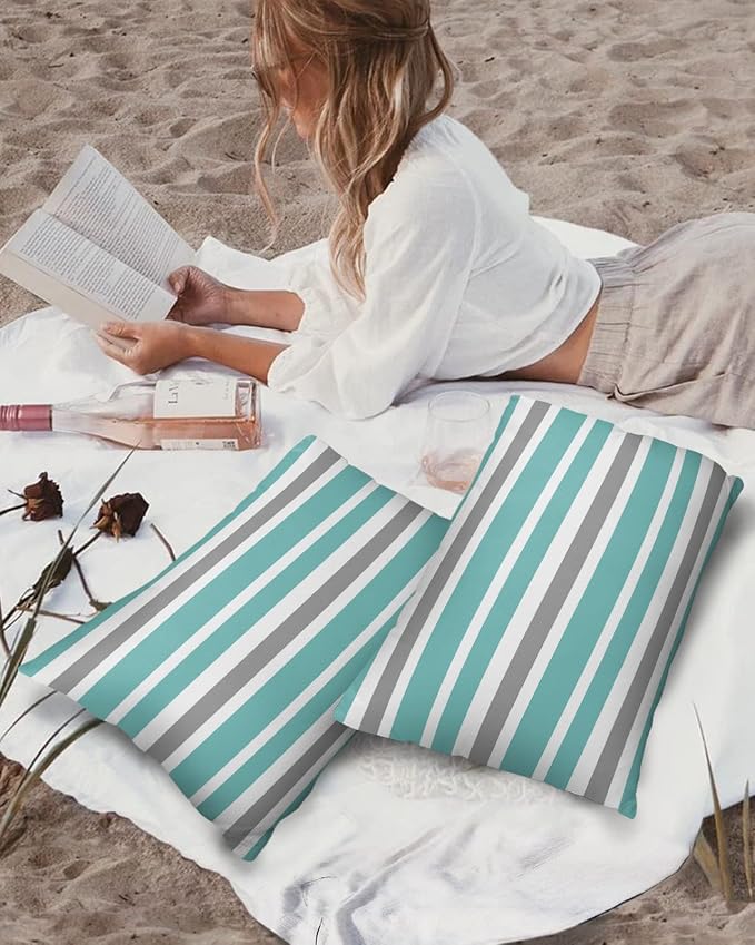 Outdoor Waterproof Lumbar Throw Pillow Covers Set of 2 Grey Teal Stripes Decorative Outdoor Pillows Cushion Case 20x12 Inch Classic Striped Patio Pillows for Couch Sofa Bed Garden Home Decor