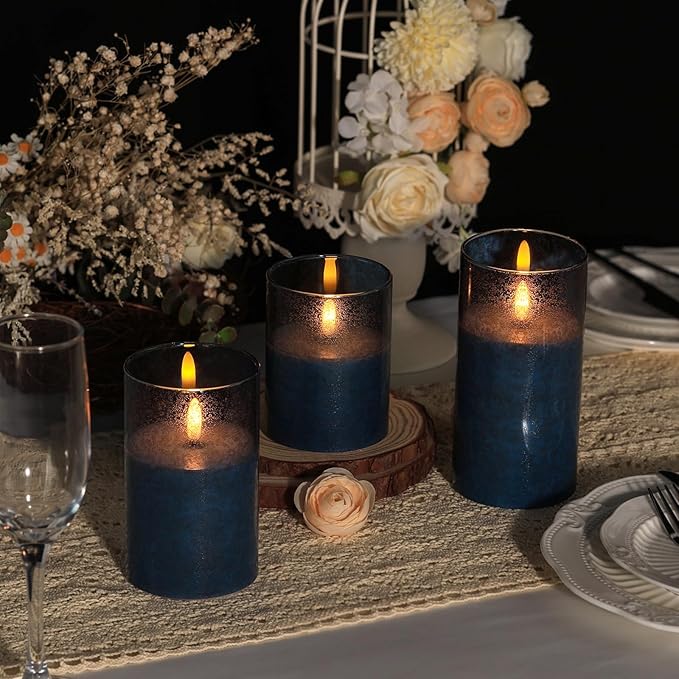 Flickering Flameless Candles with Remote - 3D Wick Battery Operated Candles with Timer, Blue Glass Fake LED Candles for Party Wedding Birthday Holiday Festival Christmas Home Decor Gifts