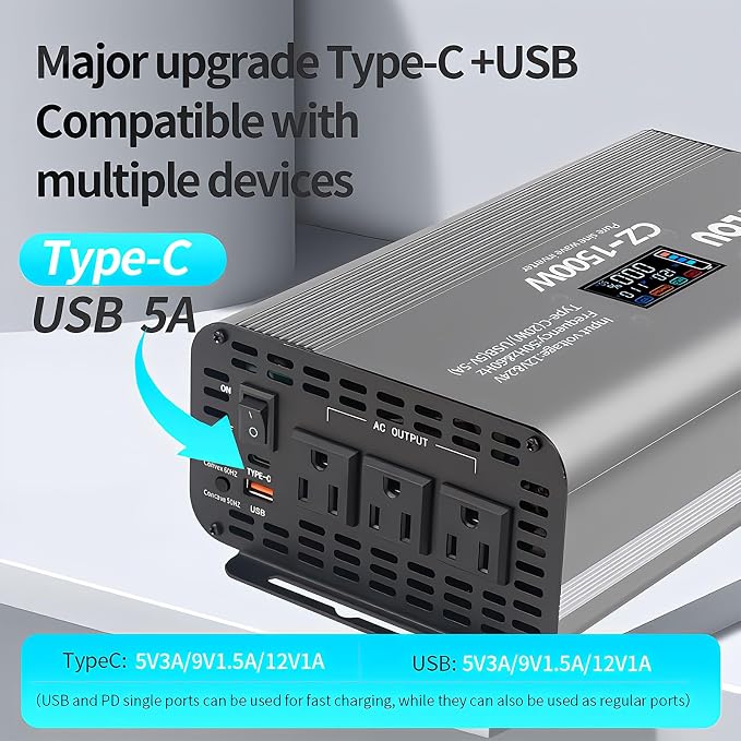 1500W Pure Sine Wave Inverter (3000W Peak), 12V/24V Auto-Detect, 50Hz/60Hz Switchable, LCD Display, Type-C Fast Charging, Silent Design, Overload & Overheat Protection for RV, Home