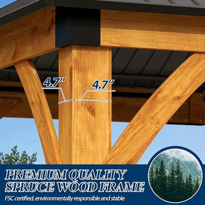 COVERONICS 13FT x 15FT Outdoor Spruce Wood Gazebo - Patio Wooden Frame Gazebo with Galvanized Steel Double Roof, Heavy-Duty Hardtop Gazebos with Netting & Curtains for Garden, Poolside, Deck, Backyard