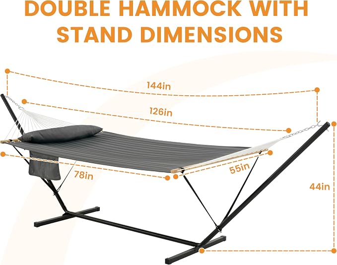 Lazy Daze Hammocks 2 Person Portable Hammock with 12FT Stand for Outside, 10.5FT Quilted Double Hammock with Spreader Bar and Detachable Pillow, 450lbs Capacity for Outdoor Patio, Grey