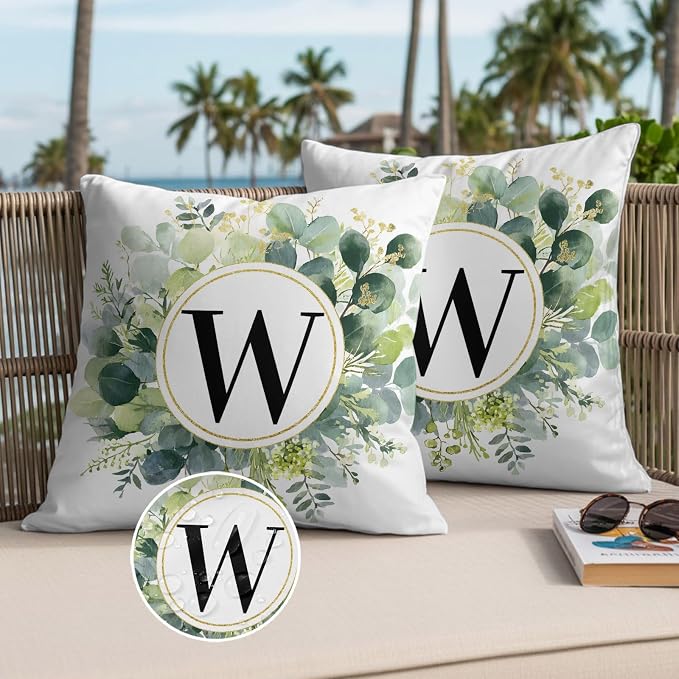 Letter W Waterproof Outdoor Pillow Covers Set of 2 Home Decor, Alphabet Green Eucalyptus Leaves Pillowcase Patio Pillow Covers for Couch Bench Patio Furniture Garden 26x26in
