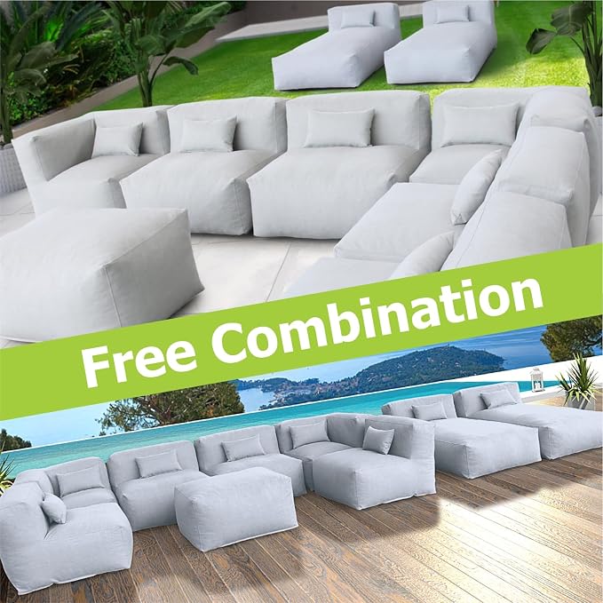 Patio Furniture Set Bean Bag Eraclea 9C Outdoor Chairs Sectional Conversation Patio Set Daybed Furniture Outdoor Sofa Couch High Density Foam Filling Modern Comfy Patio Couch (Light Gray)