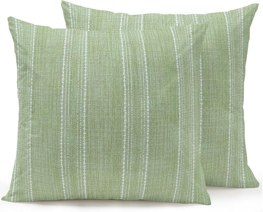 Waterproof Outdoor Pillow Set of 2 Olive Green Linen Stripes Decorative Throw Pillows Cover & Insert 18x18 Inch Pillowcase Parallel Vertical Lines Pillows for Couch Sofa Bed Patio Furniture