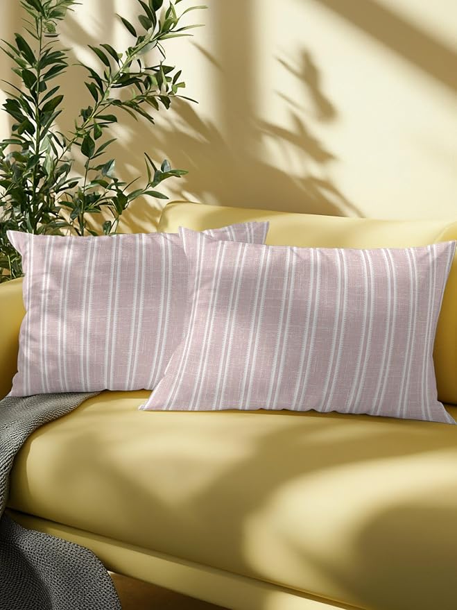 Waterproof Outdoor Pillow 1 Pack Red Linen Striped Decorative Throw Pillows Cover & Insert 20x12 Inch Lumbar Pillowcase Vertical Stripes Lines Pillows for Couch Sofa Bed Patio Furniture Indoor Outdoor