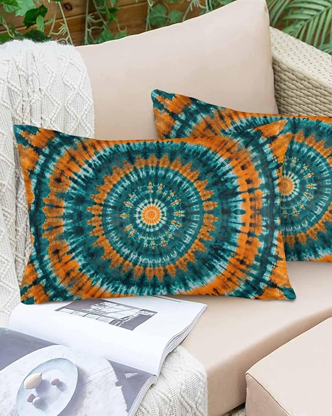 Vandarllin Outdoor Throw Pillows Covers 20x12 inch Set of 2 Waterproof Turquoise Orange Tie-Dye Art Decorative Zippered Cushion Covers for Patio Furniture, Abstract Boho Tribe Lumbar Pillowcases