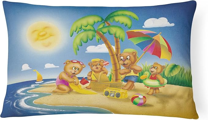 Caroline's Treasures APH0375PW1216 Bears Playing at The Beach Canvas Fabric Decorative Pillow Machine Washable, Indoor Outdoor Decorative Pillow for Couch, Bed or Patio, 12HX16W