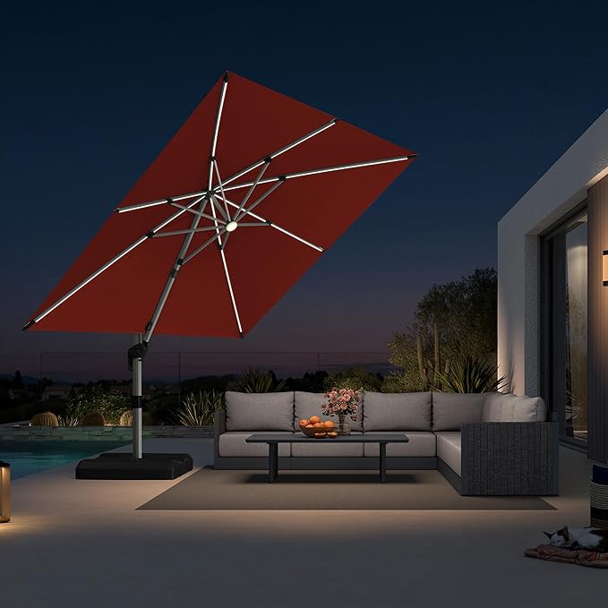 PURPLE LEAF Patio Umbrella with base 10 Feet Outdoor Square Cantilever Umbrella Solar Powered LED with 360-degree Rotation for Garden Deck Pool Patio, Brick Red