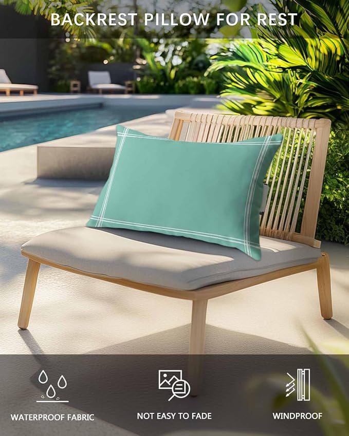 Outdoor Pillow for Lounge Chair with Strap & Insert Mint Green Turquoise Recliner Head Pillow Solid Teal Color Waterproof Headrest Patio Lumbar Pillows for Beach Pool Office Chaise Chair 12x20 Inch