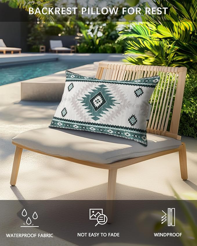 Outdoor Pillows Waterproof Covers Set of 2, Green Bohemian Adjustable Elastic Chaise Lounge Headrest Pillow Covers, Aztec Boho Tribal Decorative Lumbar Pillow for Pool Patio Furniture 20x12 Inch