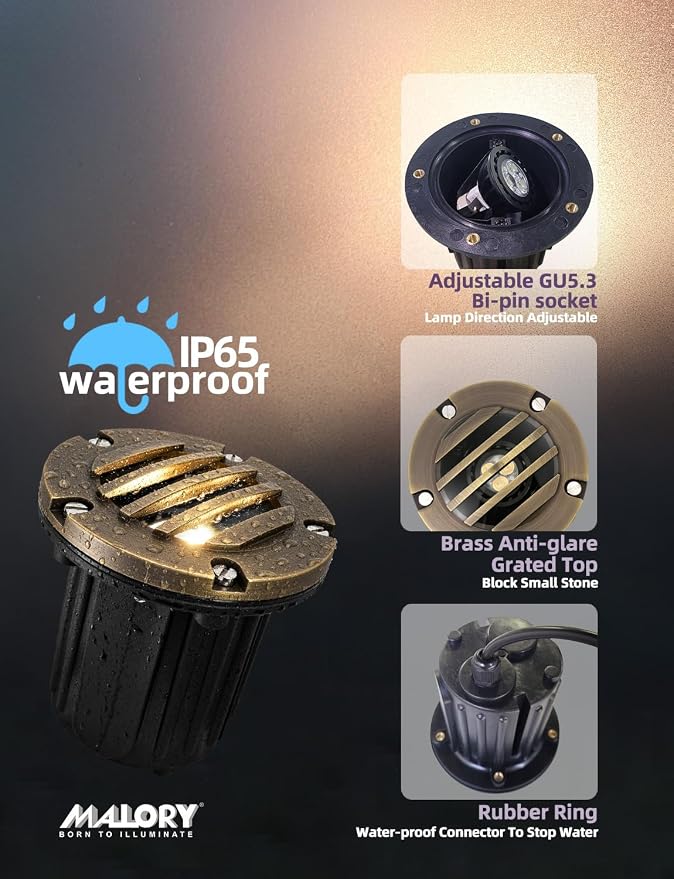 MALORY Brass Top Cover Landscape Well Lights, (φ126 mm) 12V Low Voltage Outdoor In Ground Lights,Landscape Lighting for Pathway, Driveway and Garden (Grated Top, 4-Pack with Bulb)