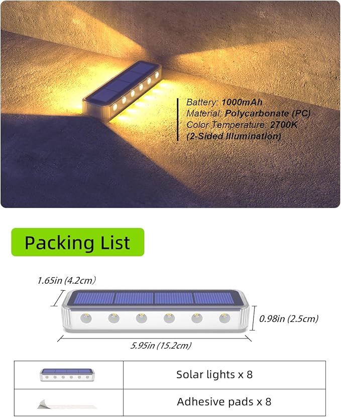 DetarZinLED Solar Step Lights for Outside 8 Pack, 12 LEDs 2-Sided Illumination Solar Stair Lights Outdoor IP68 Waterproof,Auto On/Off Deck Lights Solar Powered for Patio,Yard,Path,Walkway (Warm White)