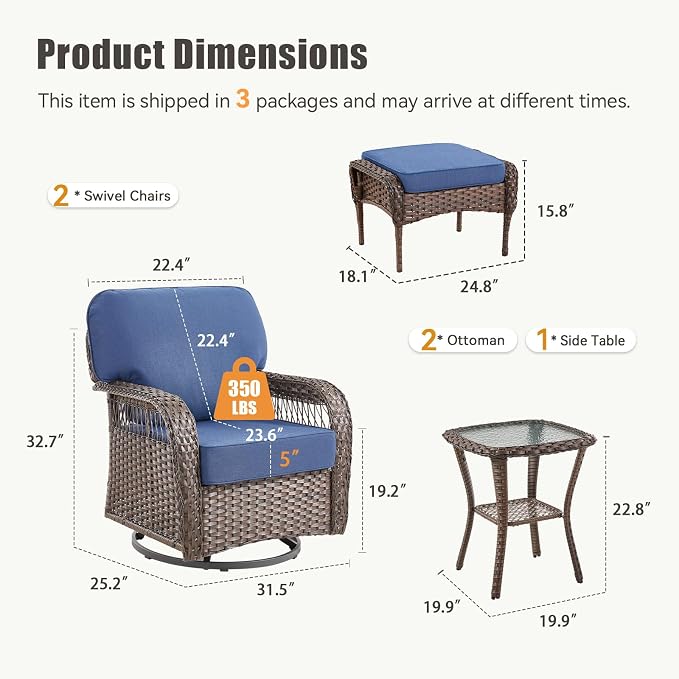 5 PCS Patio Furniture Set Outdoor Sectional Sofa Couch with Rocking Swivel Chairs 5" Deep Seat Chairs, Modern Wicker Rattan Conversation Set, Blue/Brown Wicker