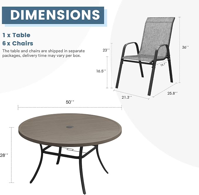 DIFY 7 Piece Outdoor Dining Set, 50" Grey Wood-Like Round Metal Patio Table and Grey Textilene Stackable Chairs for 6, All Weather Patio Furniture Set with Umbrella Hole for Backyard Garden Deck